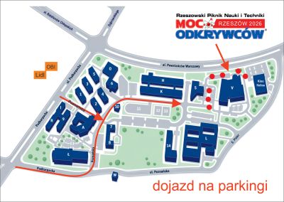 Grafika promująca Rzeszowski Piknik Nauki i Techniki 2026 - mapa dojazdu